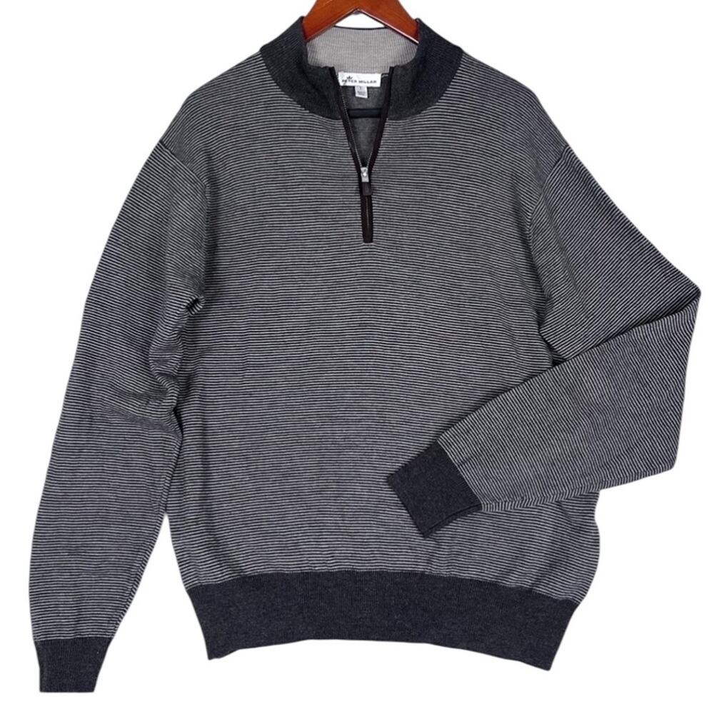 Peter Millar Merino Wool 1/4 Zip Sweater Mens Large Brown Cream Business Casual